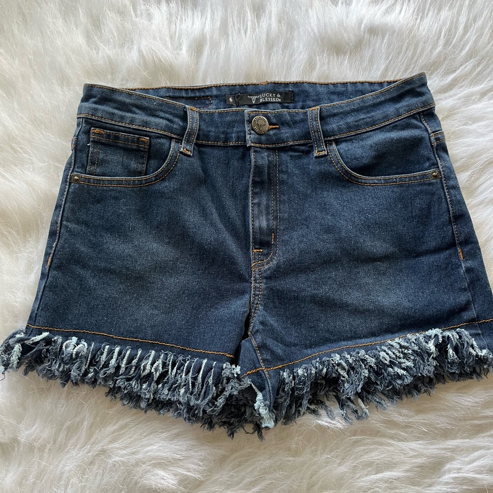 Lucky & Blessed Denim Fringe Shorts